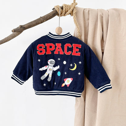 Baby Winter Clothes, Infant Boys Astronaut Jacket with Cartoon Print, Cotton Thick Warm Coat for Kids Outerwear