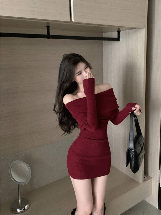 Elegant Black Off Shoulder Mini Dress Slim Long Sleeve Bodycon Sweater