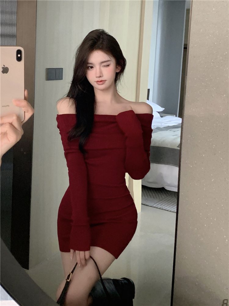 Elegant Black Off Shoulder Mini Dress Slim Long Sleeve Bodycon Sweater