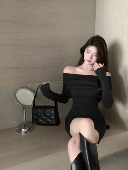 Elegant Black Off Shoulder Mini Dress Slim Long Sleeve Bodycon Sweater