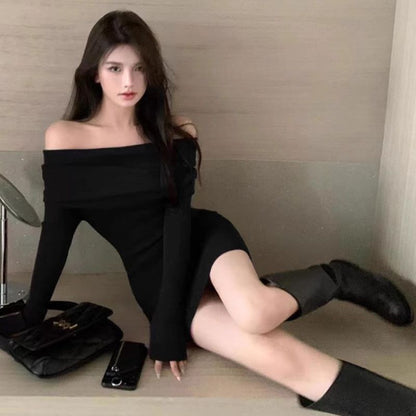 Elegant Black Off Shoulder Mini Dress Slim Long Sleeve Bodycon Sweater