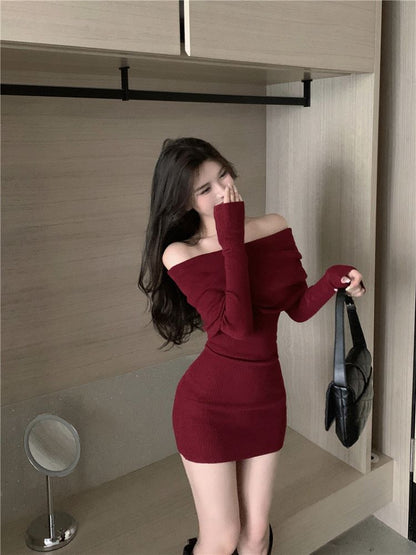 Elegant Black Off Shoulder Mini Dress Slim Long Sleeve Bodycon Sweater