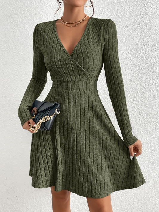 Slim Fit V Neck Long Sleeve Knit Dress for Women, Autumn Winter Bodycon Sweater Midi Casual Solid Color Outfit