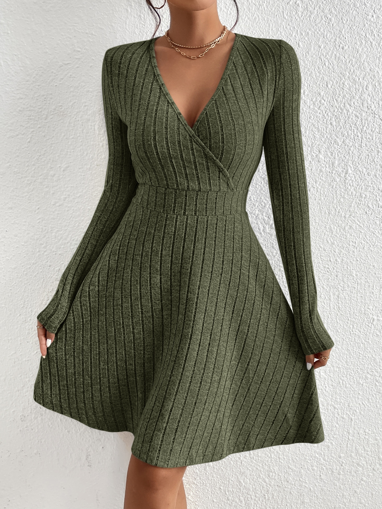 Slim Fit V Neck Long Sleeve Knit Dress for Women, Autumn Winter Bodycon Sweater Midi Casual Solid Color Outfit