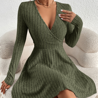 Slim Fit V Neck Long Sleeve Knit Dress for Women, Autumn Winter Bodycon Sweater Midi Casual Solid Color Outfit