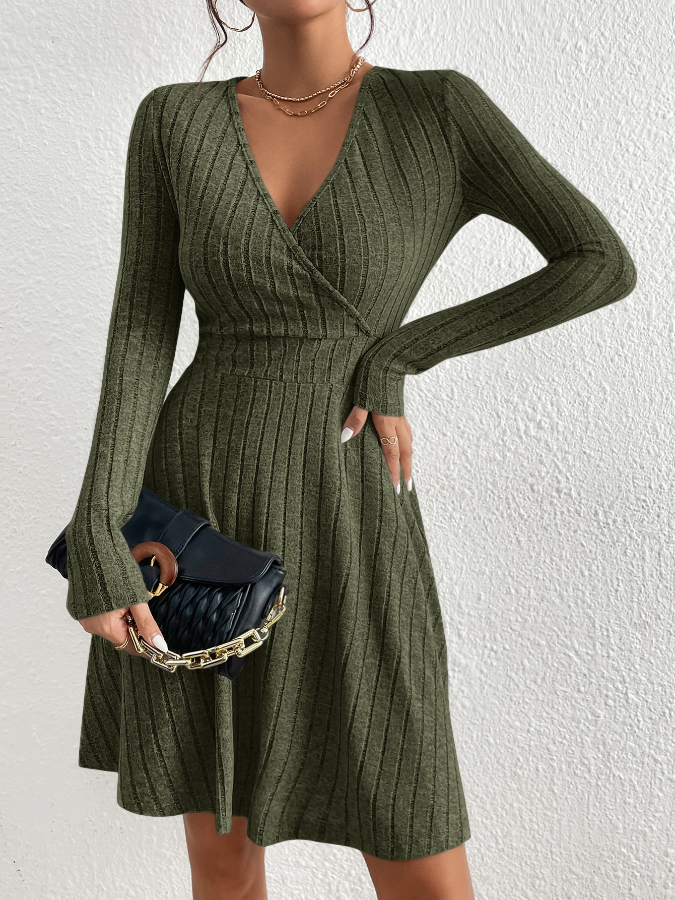 Slim Fit V Neck Long Sleeve Knit Dress for Women, Autumn Winter Bodycon Sweater Midi Casual Solid Color Outfit