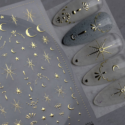 3D Gold Sun Moon Star Nail Art Stickers Celestial Self Adhesive Decals