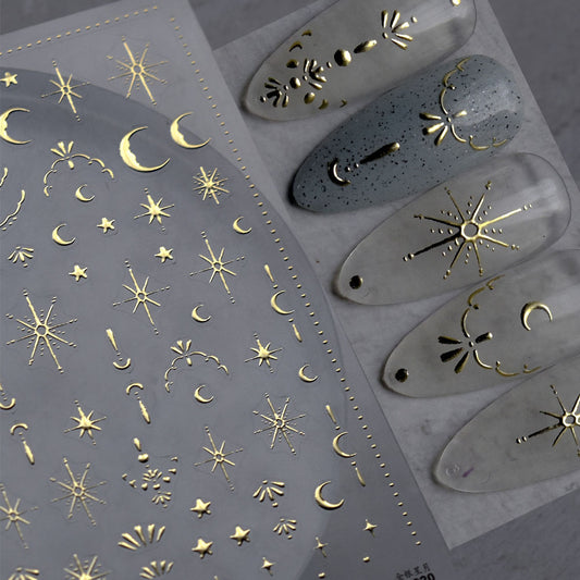 3D Gold Sun Moon Star Nail Art Stickers Celestial Self Adhesive Decals