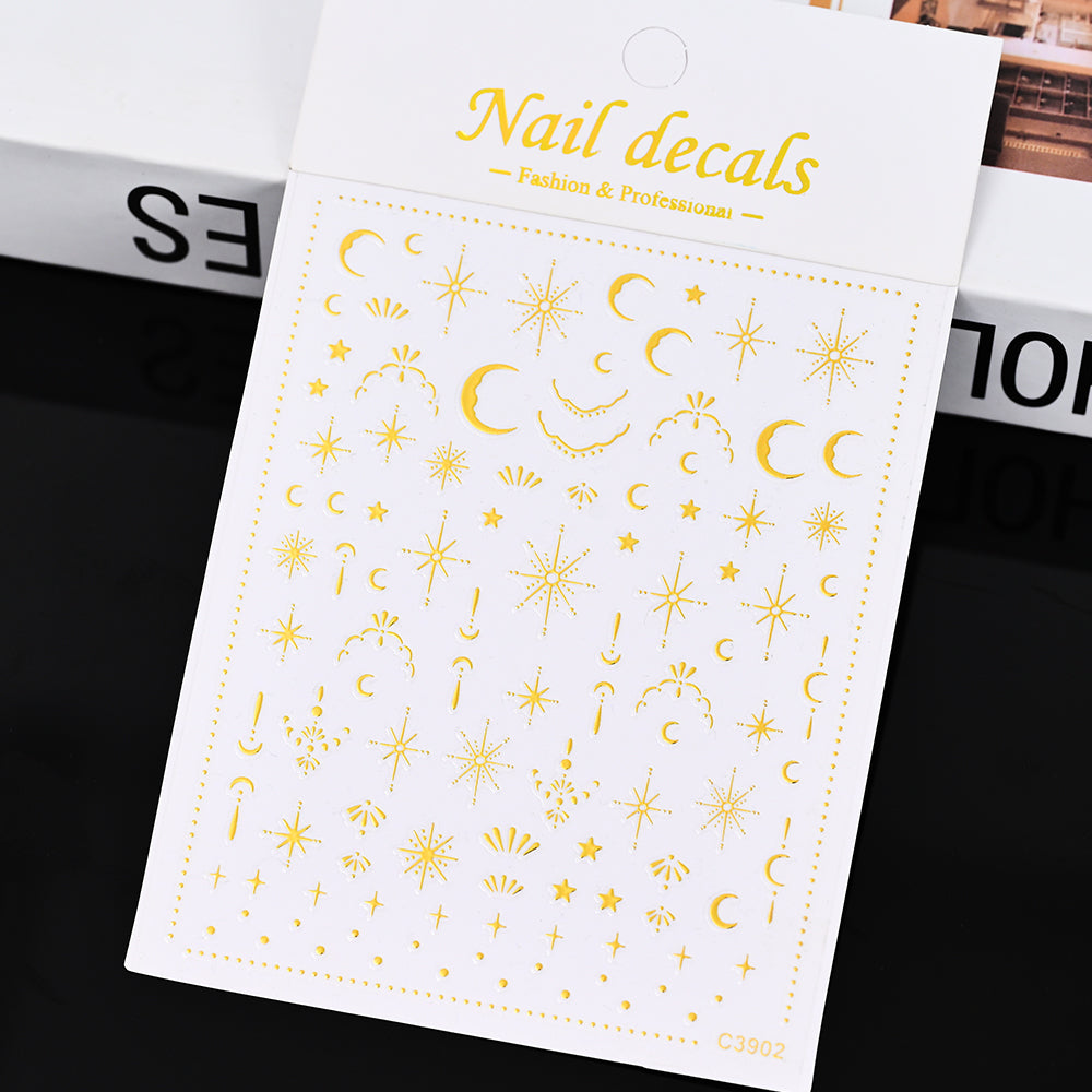 3D Gold Sun Moon Star Nail Art Stickers Celestial Self Adhesive Decals