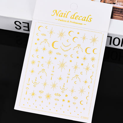 3D Gold Sun Moon Star Nail Art Stickers Celestial Self Adhesive Decals