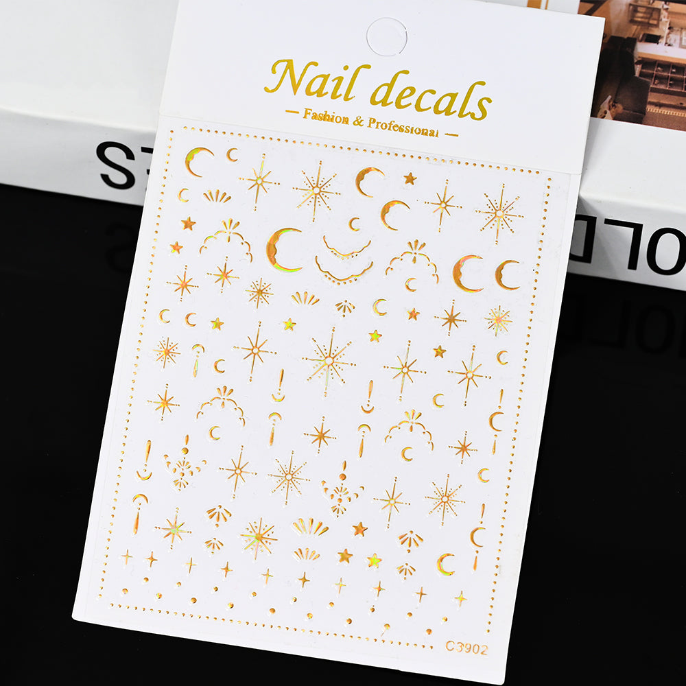 3D Gold Sun Moon Star Nail Art Stickers Celestial Self Adhesive Decals