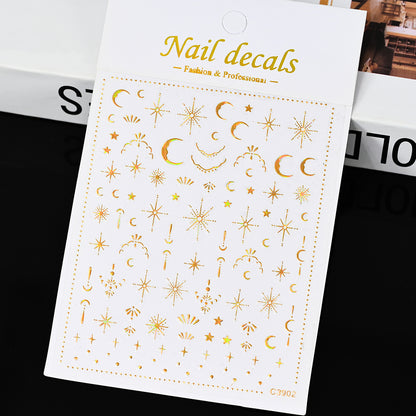 3D Gold Sun Moon Star Nail Art Stickers Celestial Self Adhesive Decals
