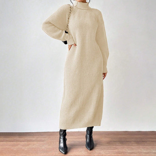 Women Autumn Winter Slouchy Solid Knit Turtleneck Long Sweater Dress, Loose Knit Dress, Ankle Length Party Dresses