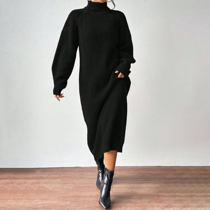 Women Autumn Winter Slouchy Solid Knit Turtleneck Long Sweater Dress, Loose Knit Dress, Ankle Length Party Dresses