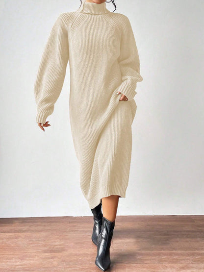 Women Autumn Winter Slouchy Solid Knit Turtleneck Long Sweater Dress, Loose Knit Dress, Ankle Length Party Dresses