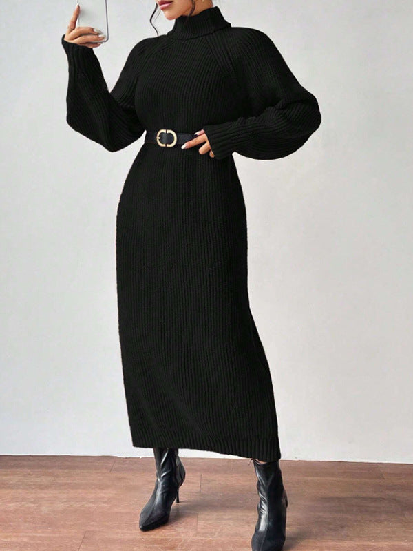 Women Autumn Winter Slouchy Solid Knit Turtleneck Long Sweater Dress, Loose Knit Dress, Ankle Length Party Dresses