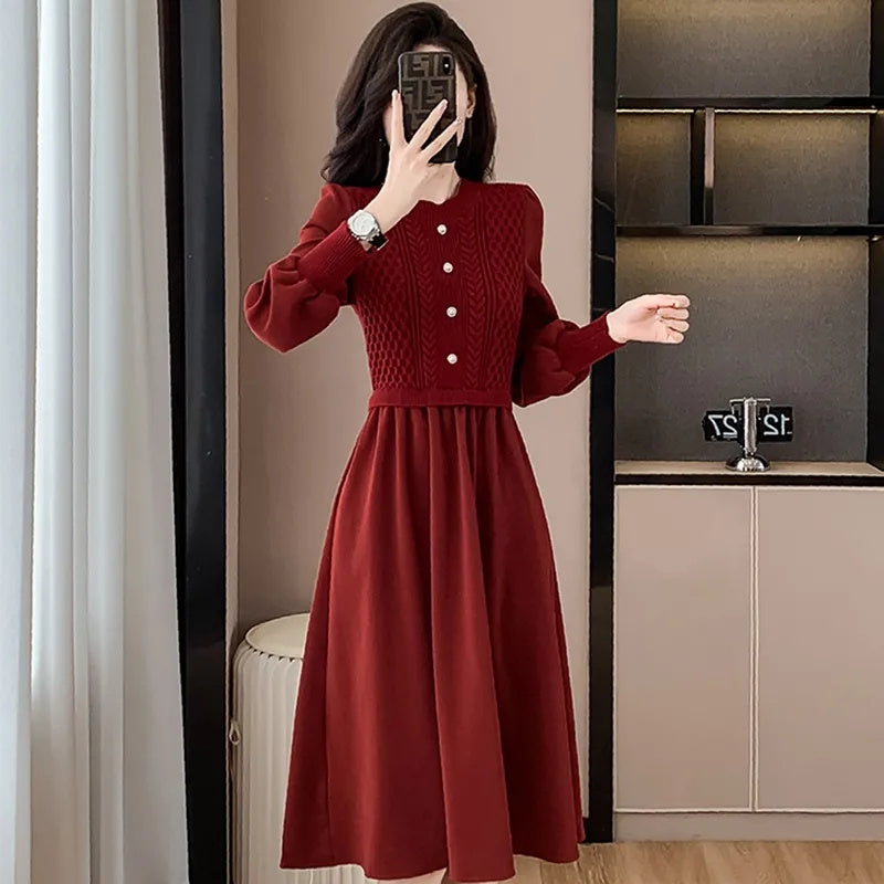 Autumn Ladies Long Styles Sweater Dress, Women NewCasual O Neck Long Dresses, Lantern Sleeve Knitted Two Piece Dress