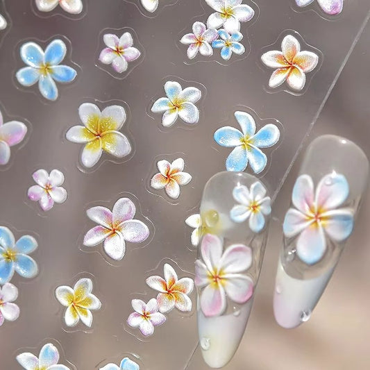 Colourful Frangipani, Bright Lily Flowers Nail Art Stickers, Gradual Petal Vivid Dew Delicate Romantic Manicure Decals