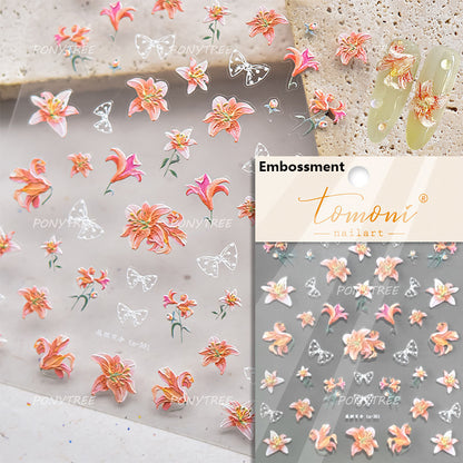Colourful Frangipani, Bright Lily Flowers Nail Art Stickers, Gradual Petal Vivid Dew Delicate Romantic Manicure Decals