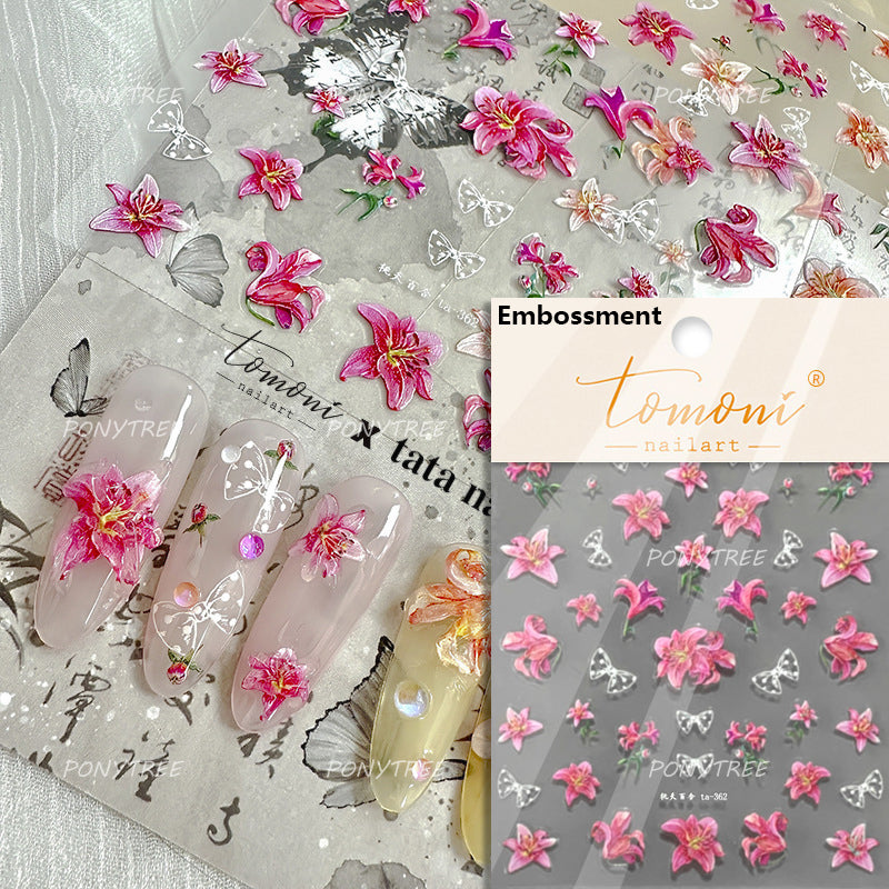 Colourful Frangipani, Bright Lily Flowers Nail Art Stickers, Gradual Petal Vivid Dew Delicate Romantic Manicure Decals