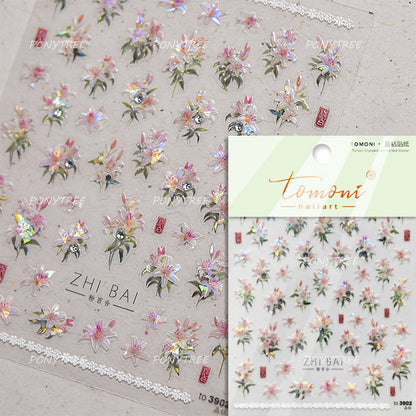 Colourful Frangipani, Bright Lily Flowers Nail Art Stickers, Gradual Petal Vivid Dew Delicate Romantic Manicure Decals