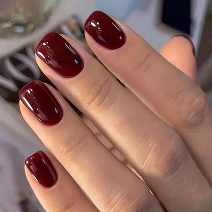 Wine Red Press On Nails 24pcs Short Square Full Cover Reusable False Nails