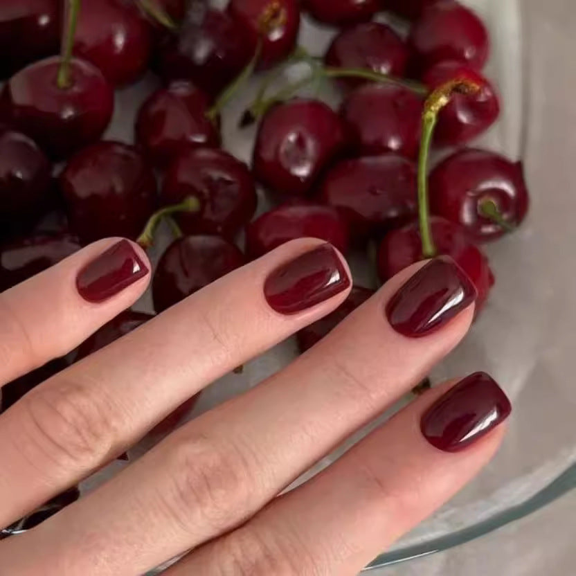 Wine Red Press On Nails 24pcs Short Square Full Cover Reusable False Nails