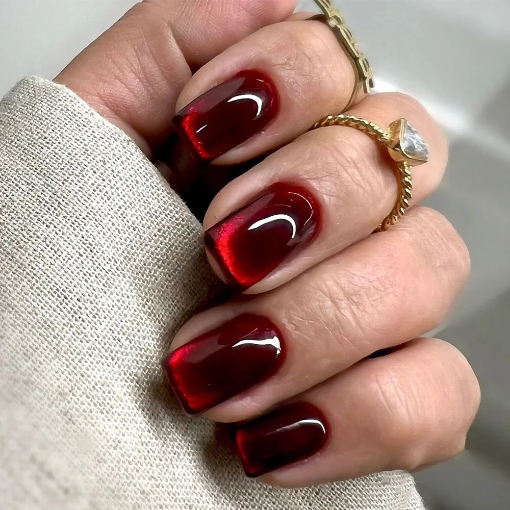 Wine Red Press On Nails 24pcs Short Square Full Cover Reusable False Nails