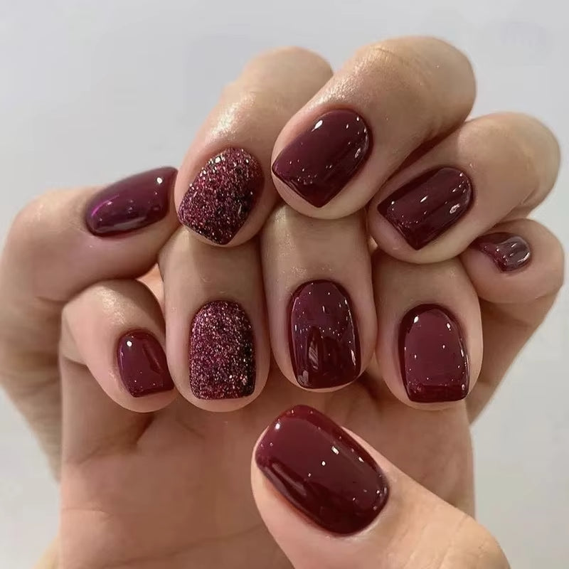Wine Red Press On Nails 24pcs Short Square Full Cover Reusable False Nails