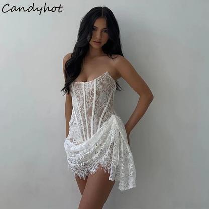Candyhot Elegant Lace Strapless Dress, Sexy See-Through Bandage Mini Dress for Women, Summer Slim Street Party Dress