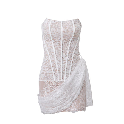Candyhot Elegant Lace Strapless Dress, Sexy See-Through Bandage Mini Dress for Women, Summer Slim Street Party Dress