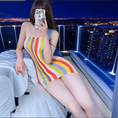 Rainbow Stripe Off Shoulder Sexy Bodycon Mini Dress for Women