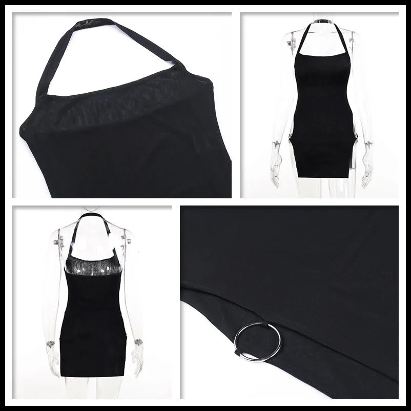Black Halter Slit Dress for Women Slim Fit Wrap Hip Summer Holiday Outfit
