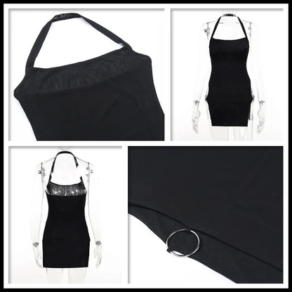 Black Halter Slit Dress for Women Slim Fit Wrap Hip Summer Holiday Outfit