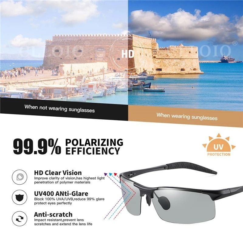 Photochromic Polarized Sunglasses for Men Aluminum Anti-Glare Driving Glasses