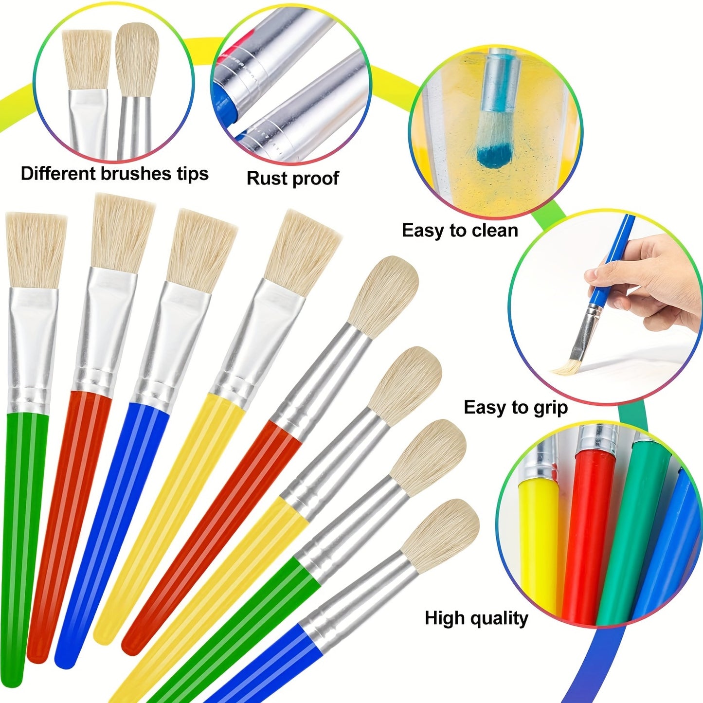 8 Pcs Big Washable Paint Brushes for Kids, Chubby Toddler Brushes, Easy to Clean, Grip Round and Flat Preschool