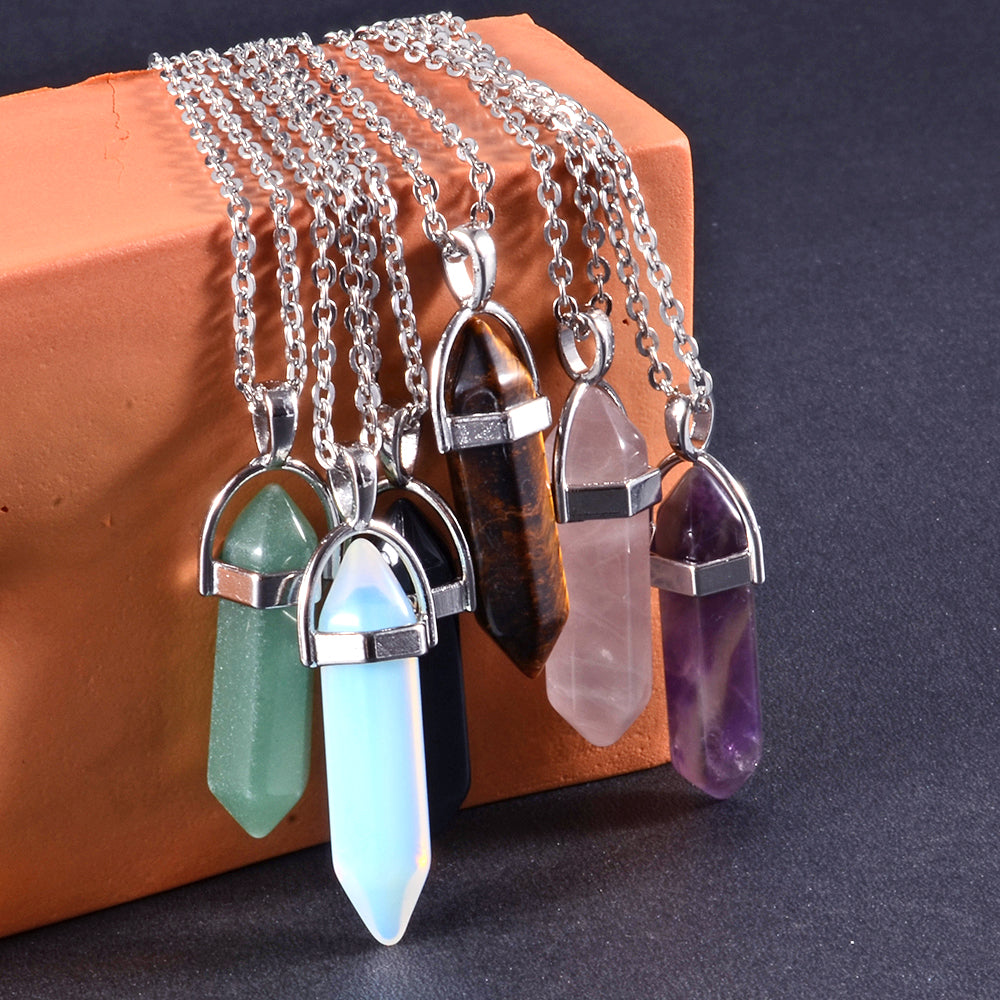1PCS Natural Quartz, Obsidian Crystal Hexagonal Chakra Healing Pendulum, Stainless Steel Pendant Necklace for Divination