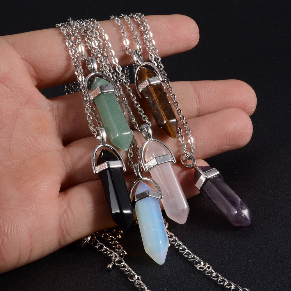 1PCS Natural Quartz, Obsidian Crystal Hexagonal Chakra Healing Pendulum, Stainless Steel Pendant Necklace for Divination