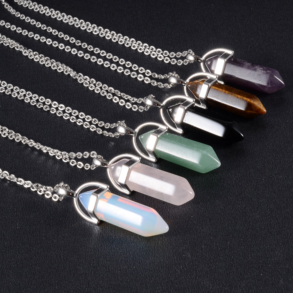 1PCS Natural Quartz, Obsidian Crystal Hexagonal Chakra Healing Pendulum, Stainless Steel Pendant Necklace for Divination