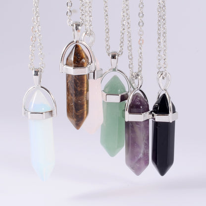 1PCS Natural Quartz, Obsidian Crystal Hexagonal Chakra Healing Pendulum, Stainless Steel Pendant Necklace for Divination