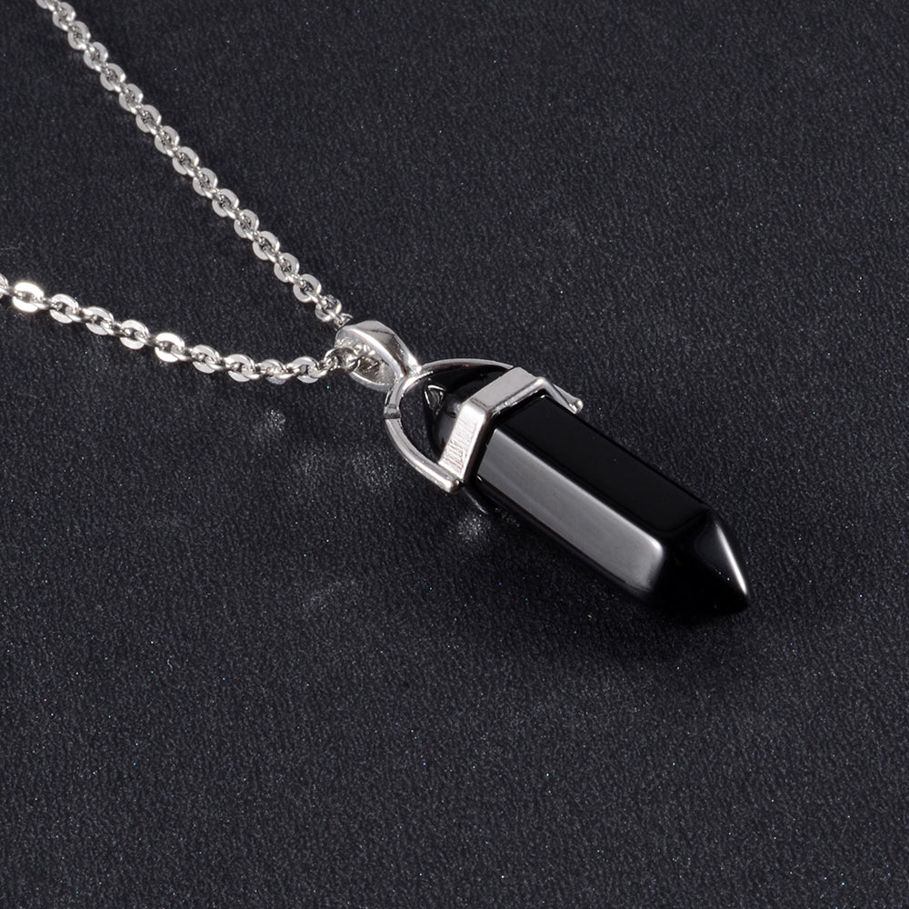 1PCS Natural Quartz, Obsidian Crystal Hexagonal Chakra Healing Pendulum, Stainless Steel Pendant Necklace for Divination