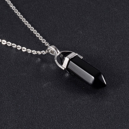 1PCS Natural Quartz, Obsidian Crystal Hexagonal Chakra Healing Pendulum, Stainless Steel Pendant Necklace for Divination