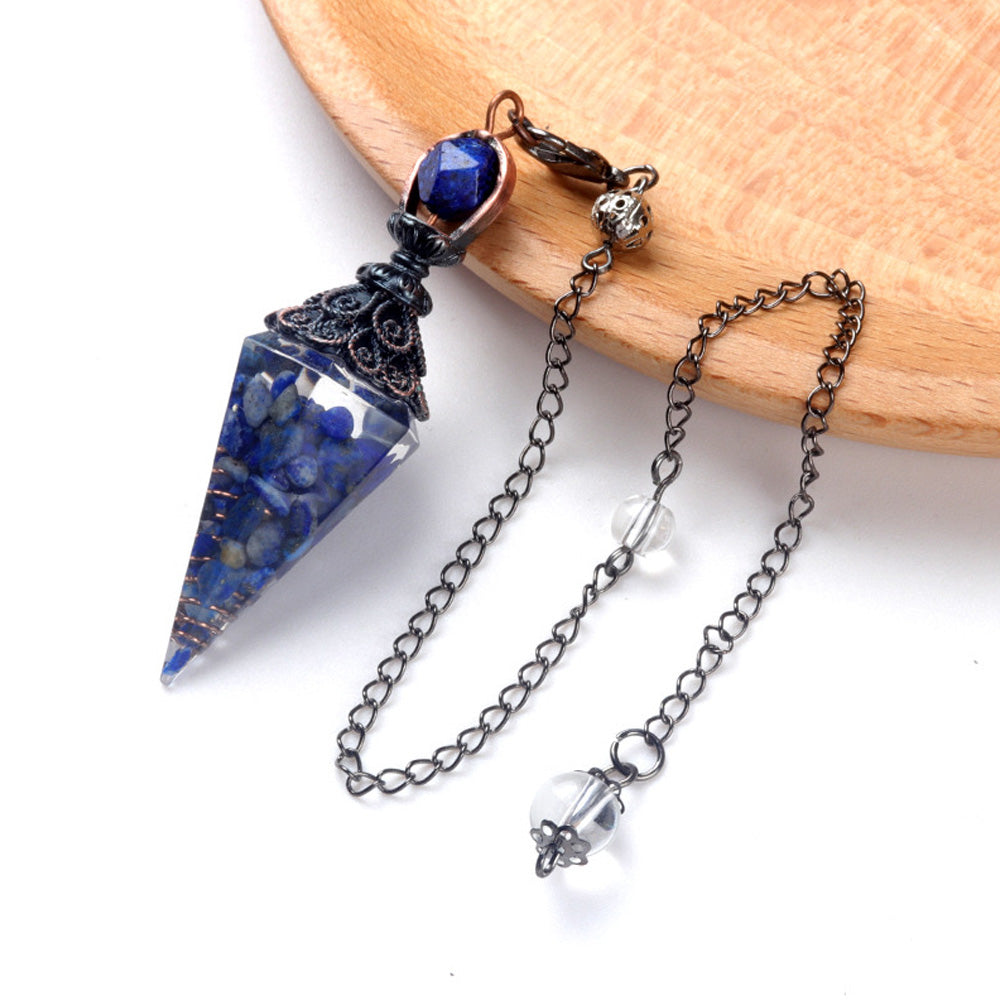 Natural Stone Crystal Pendulum Necklace, Hexagonal Cone Amethyst, Rose Quartz Chakra Pendant with Crushed Stone Bag