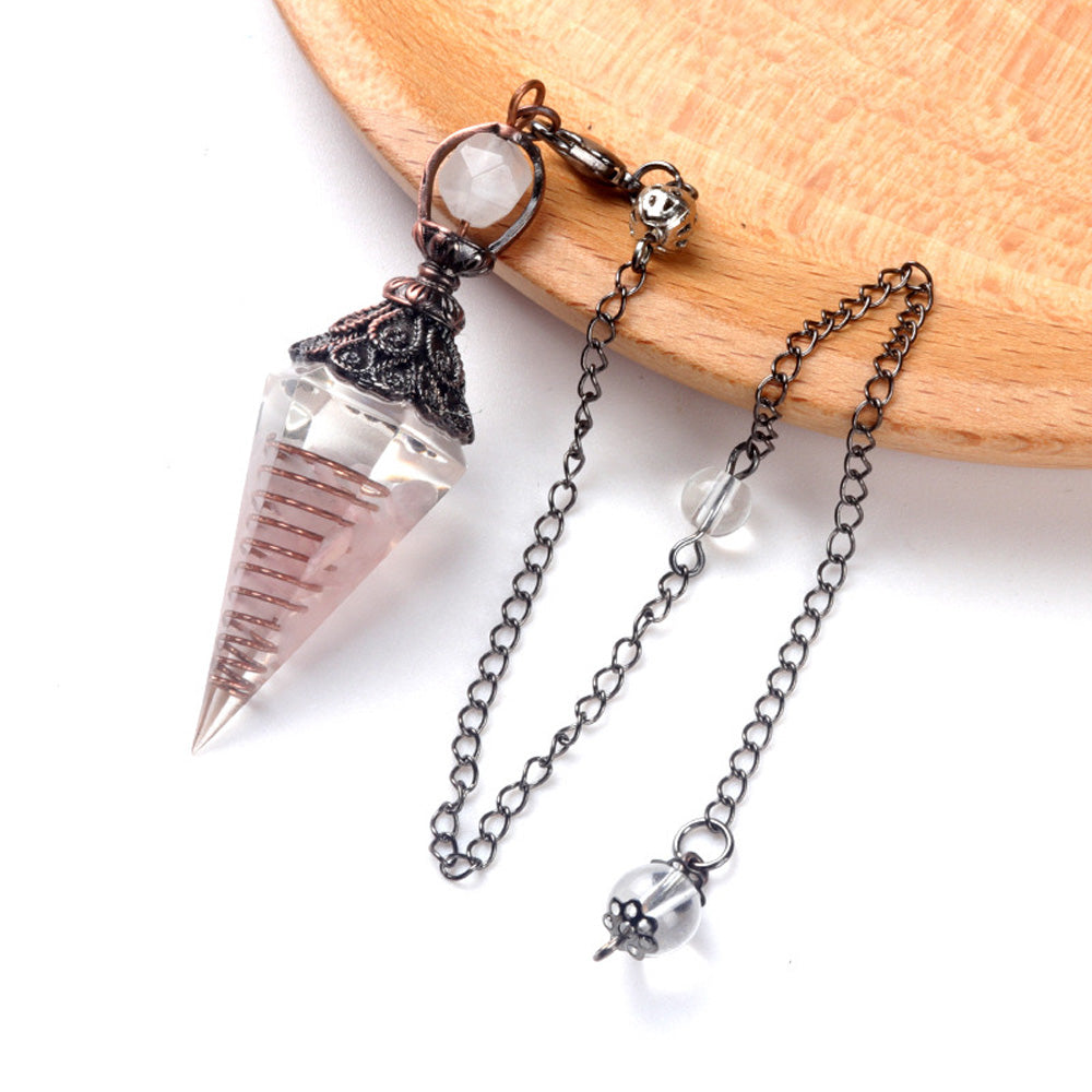 Natural Stone Crystal Pendulum Necklace, Hexagonal Cone Amethyst, Rose Quartz Chakra Pendant with Crushed Stone Bag