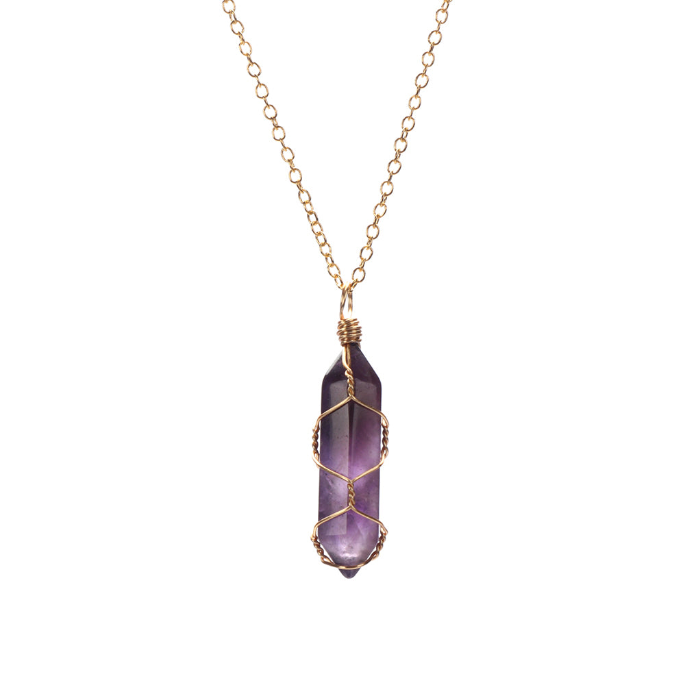1Pc Fashion Hexagonal Cylindrical Crystal Necklace, Wire Wrap Amethyst Pendant, Natural Stone Valentine Day Gift