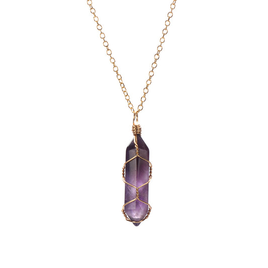 1Pc Fashion Hexagonal Cylindrical Crystal Necklace, Wire Wrap Amethyst Pendant, Natural Stone Valentine Day Gift
