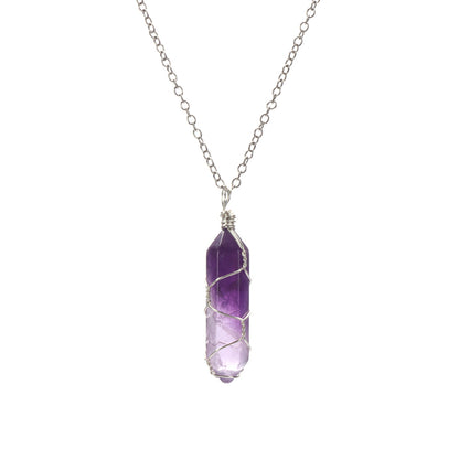 1Pc Fashion Hexagonal Cylindrical Crystal Necklace, Wire Wrap Amethyst Pendant, Natural Stone Valentine Day Gift