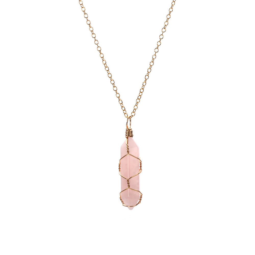 1Pc Fashion Hexagonal Cylindrical Crystal Necklace, Wire Wrap Amethyst Pendant, Natural Stone Valentine Day Gift