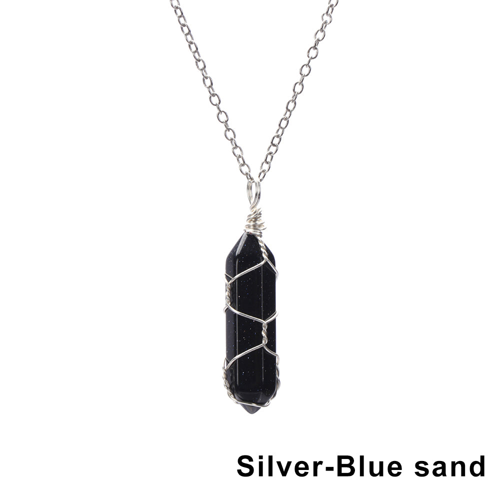 1Pc Fashion Hexagonal Cylindrical Crystal Necklace, Wire Wrap Amethyst Pendant, Natural Stone Valentine Day Gift