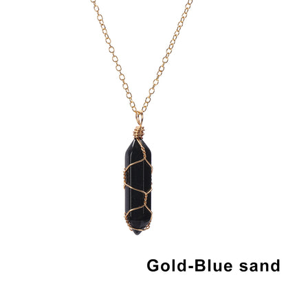 1Pc Fashion Hexagonal Cylindrical Crystal Necklace, Wire Wrap Amethyst Pendant, Natural Stone Valentine Day Gift